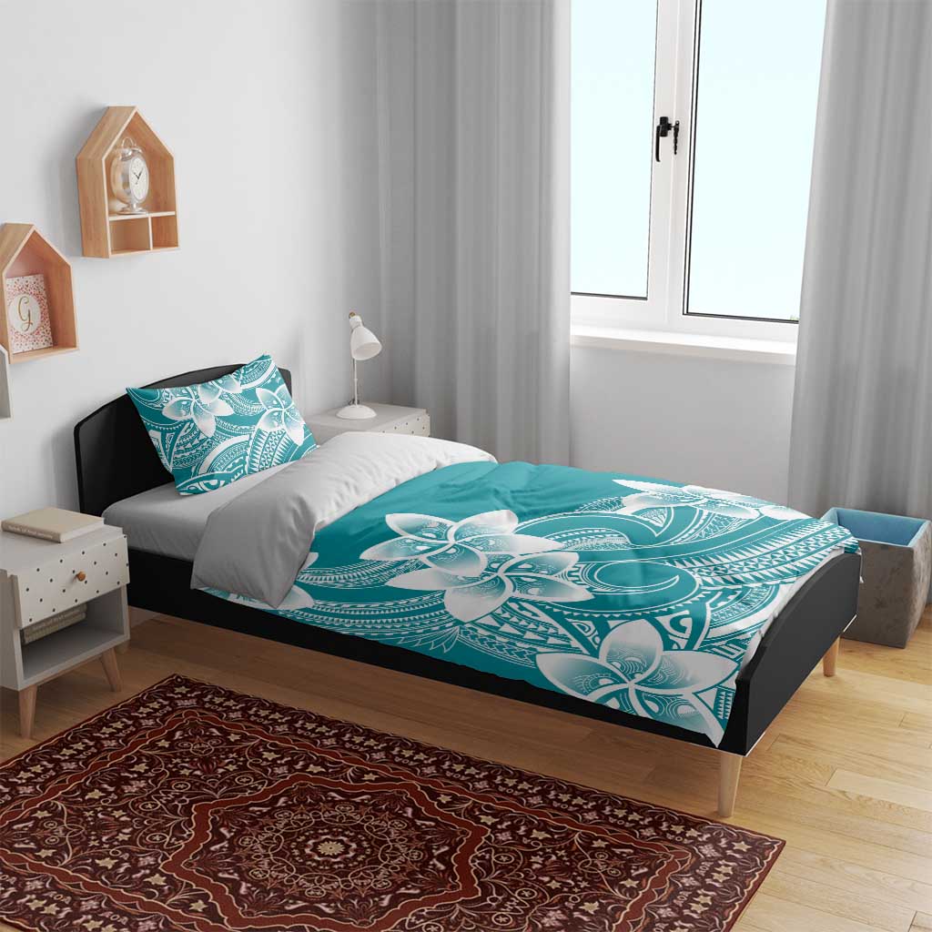 Polynesian Plumeria Flowers Tribal Bedding Set Pacific Tattoo Teal Style - Polynesian Pride