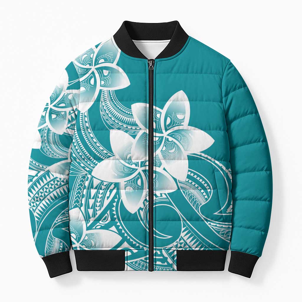 Polynesian Plumeria Flowers Tribal Bomber Puffer Jacket Pacific Tattoo Teal Style LT9 Unisex Teal - Polynesian Pride