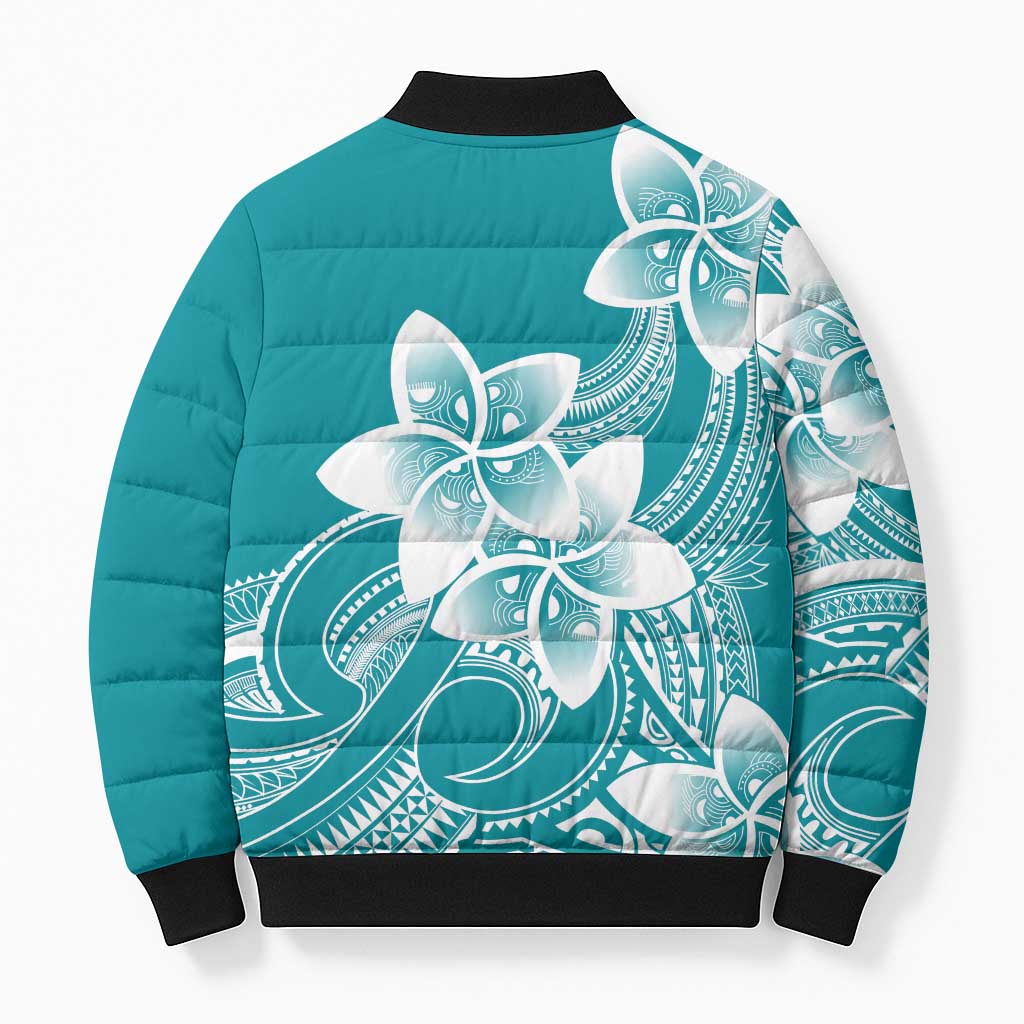 Polynesian Plumeria Flowers Tribal Bomber Puffer Jacket Pacific Tattoo Teal Style LT9 - Polynesian Pride
