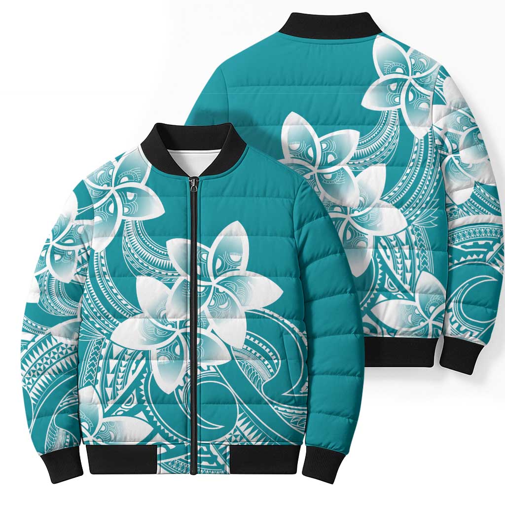 Polynesian Plumeria Flowers Tribal Bomber Puffer Jacket Pacific Tattoo Teal Style LT9 - Polynesian Pride