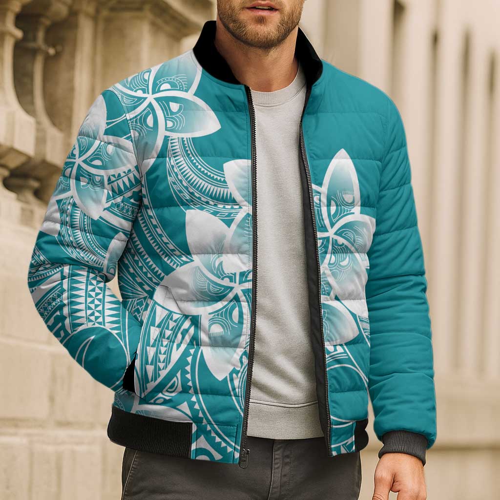 Polynesian Plumeria Flowers Tribal Bomber Puffer Jacket Pacific Tattoo Teal Style LT9 - Polynesian Pride