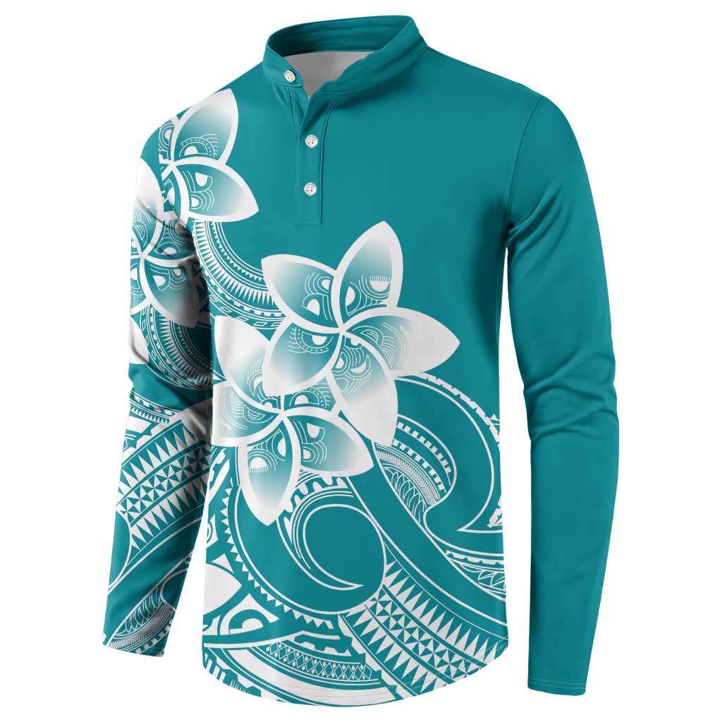 Polynesian Plumeria Flowers Tribal Button Sweatshirt Pacific Tattoo Teal Style LT9 - Polynesian Pride
