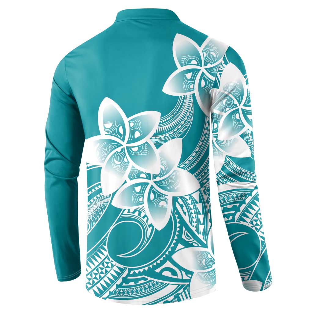 Polynesian Plumeria Flowers Tribal Button Sweatshirt Pacific Tattoo Teal Style LT9 - Polynesian Pride