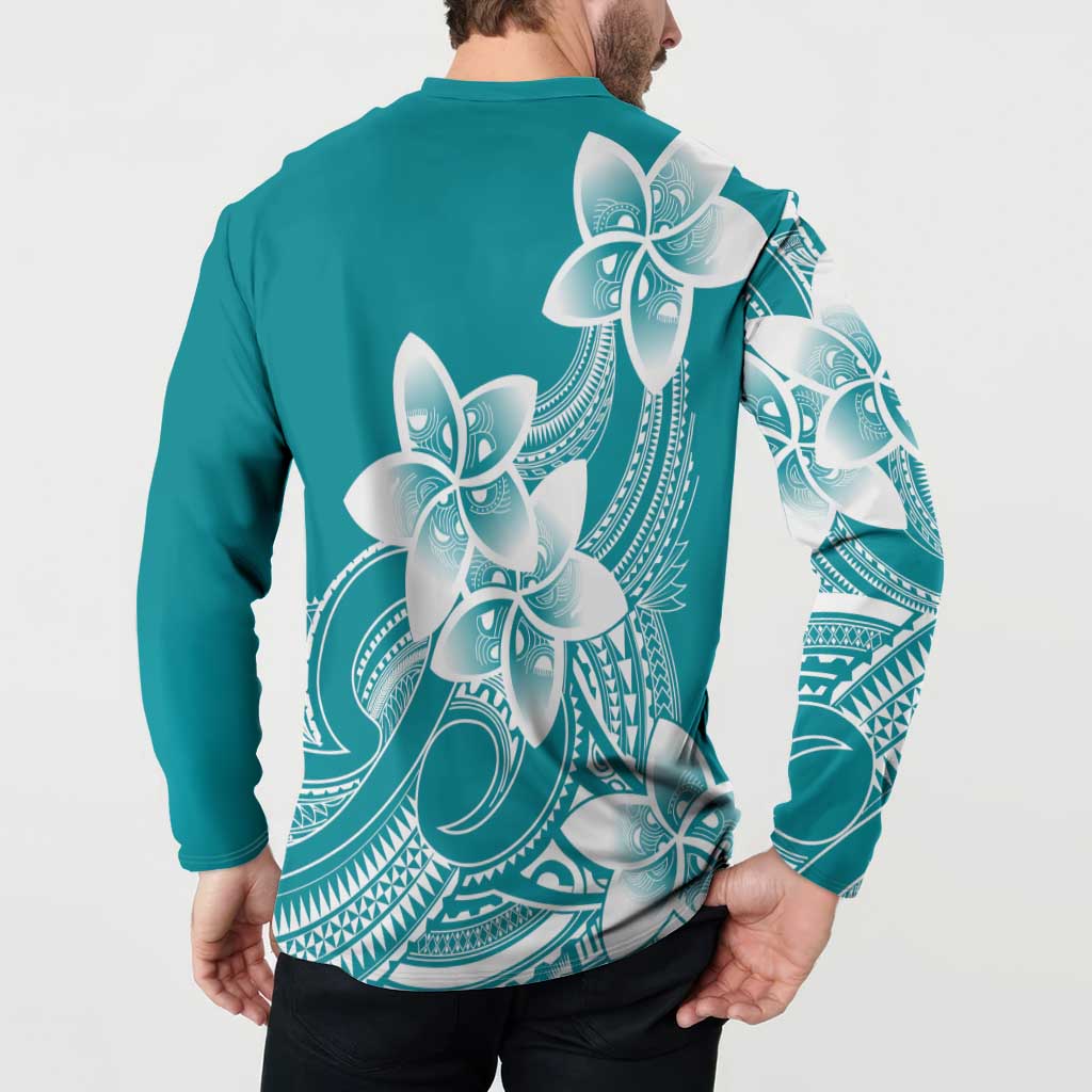 Polynesian Plumeria Flowers Tribal Button Sweatshirt Pacific Tattoo Teal Style LT9 - Polynesian Pride