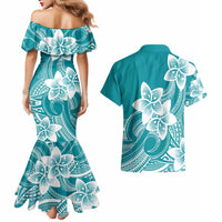 Polynesian Plumeria Flowers Tribal Couples Matching Mermaid Dress and Hawaiian Shirt Pacific Tattoo Teal Style - Polynesian Pride