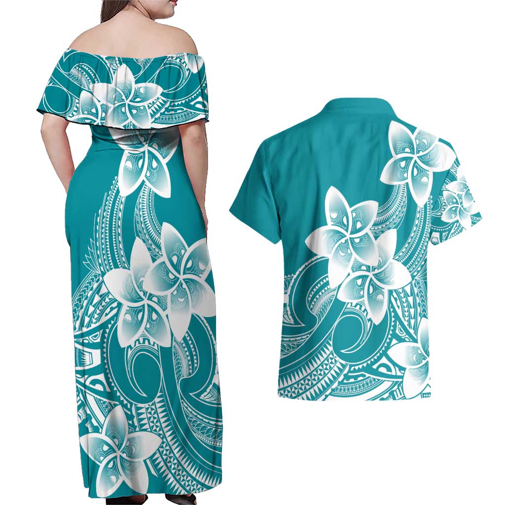 Polynesian Plumeria Flowers Tribal Couples Matching Off Shoulder Maxi Dress and Hawaiian Shirt Pacific Tattoo Teal Style - Polynesian Pride