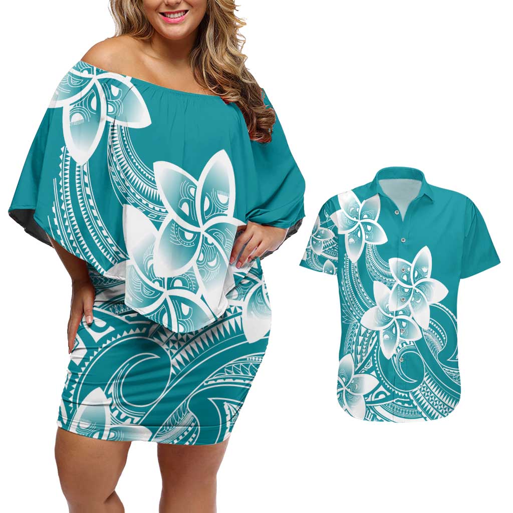 Polynesian Plumeria Flowers Tribal Couples Matching Off Shoulder Short Dress and Hawaiian Shirt Pacific Tattoo Teal Style - Polynesian Pride