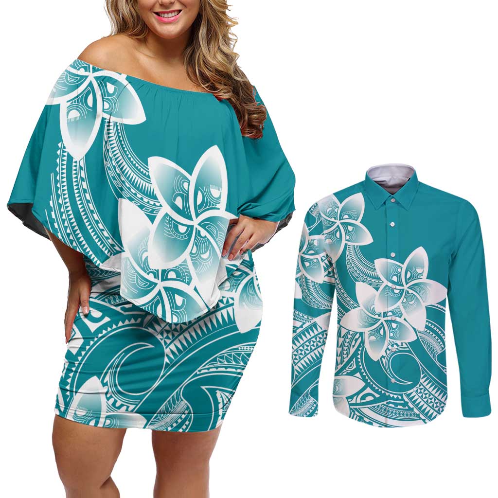Polynesian Plumeria Flowers Tribal Couples Matching Off Shoulder Short Dress and Long Sleeve Button Shirt Pacific Tattoo Teal Style LT9 Teal - Polynesian Pride
