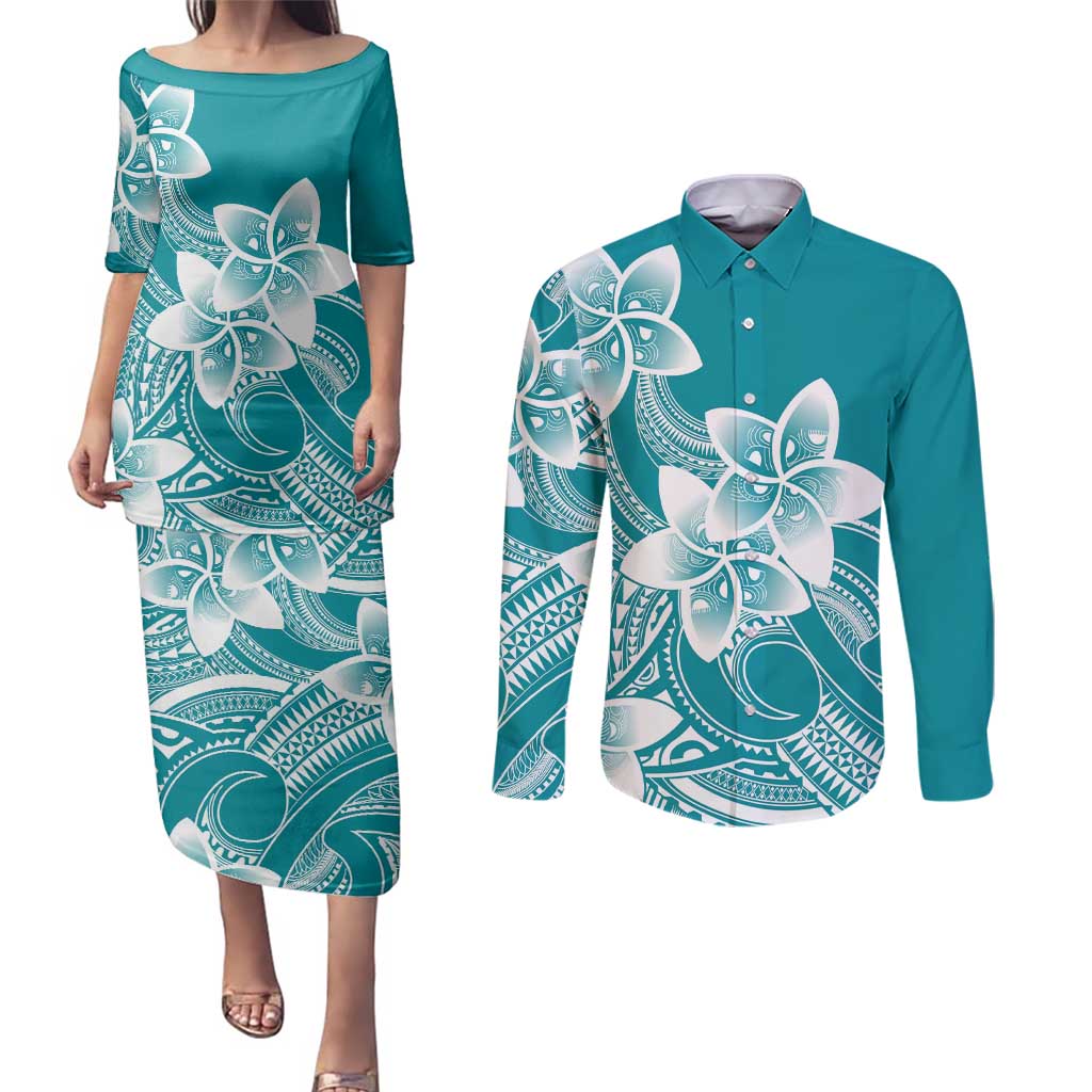 Polynesian Plumeria Flowers Tribal Couples Matching Puletasi and Long Sleeve Button Shirt Pacific Tattoo Teal Style LT9 Teal - Polynesian Pride