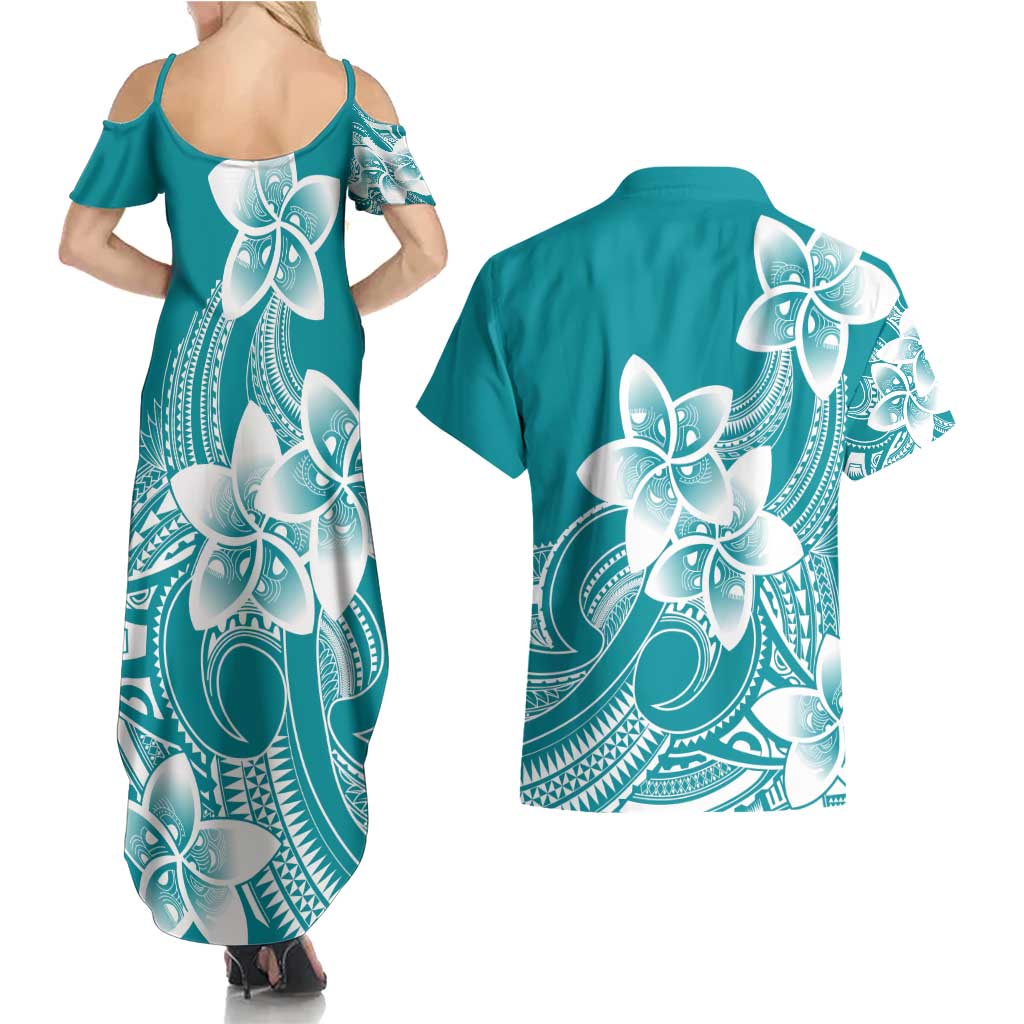 Polynesian Plumeria Flowers Tribal Couples Matching Summer Maxi Dress and Hawaiian Shirt Pacific Tattoo Teal Style - Polynesian Pride