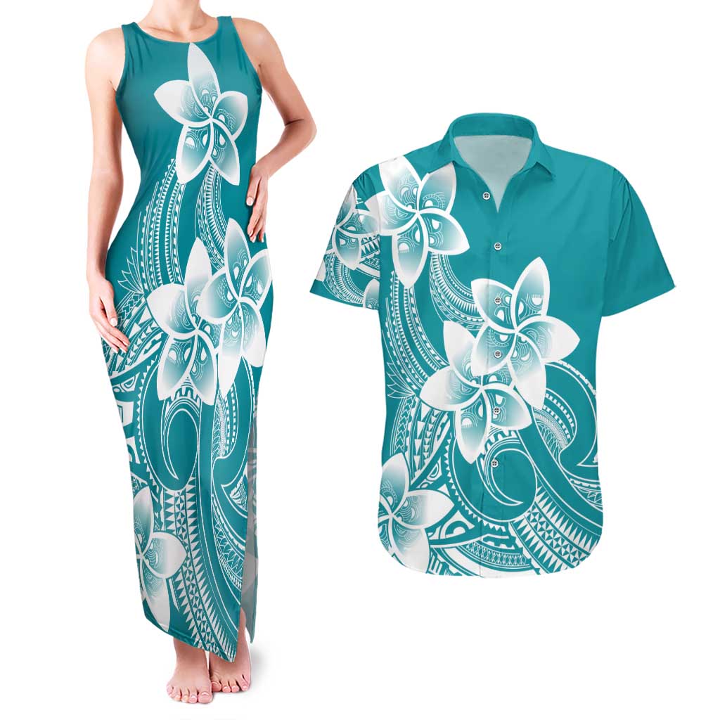 Polynesian Plumeria Flowers Tribal Couples Matching Tank Maxi Dress and Hawaiian Shirt Pacific Tattoo Teal Style - Polynesian Pride