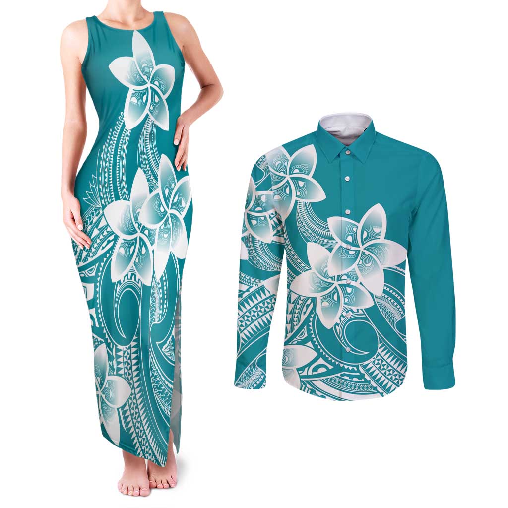 Polynesian Plumeria Flowers Tribal Couples Matching Tank Maxi Dress and Long Sleeve Button Shirt Pacific Tattoo Teal Style LT9 Teal - Polynesian Pride