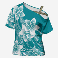 Polynesian Plumeria Flowers Tribal Cross Shoulder Shirt Pacific Tattoo Teal Style LT9 Female Teal - Polynesian Pride