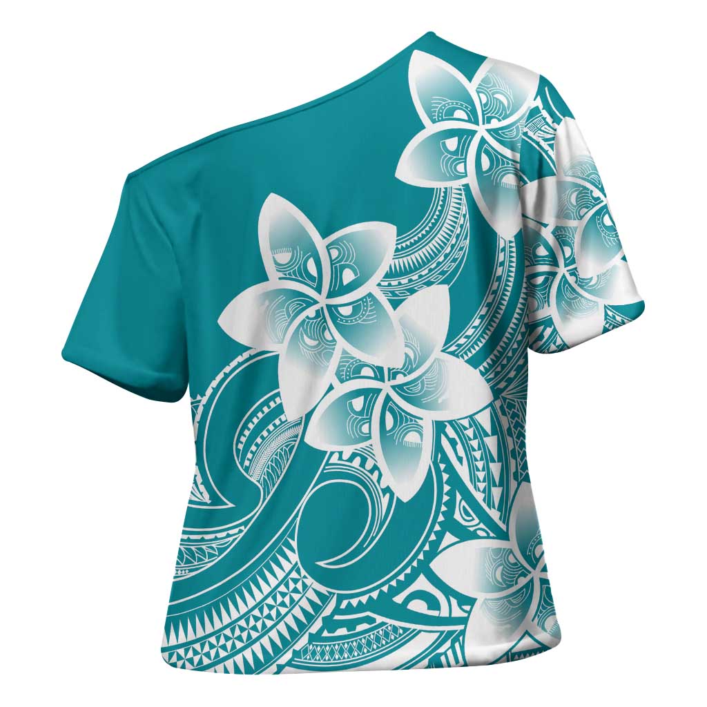 Polynesian Plumeria Flowers Tribal Cross Shoulder Shirt Pacific Tattoo Teal Style LT9 - Polynesian Pride
