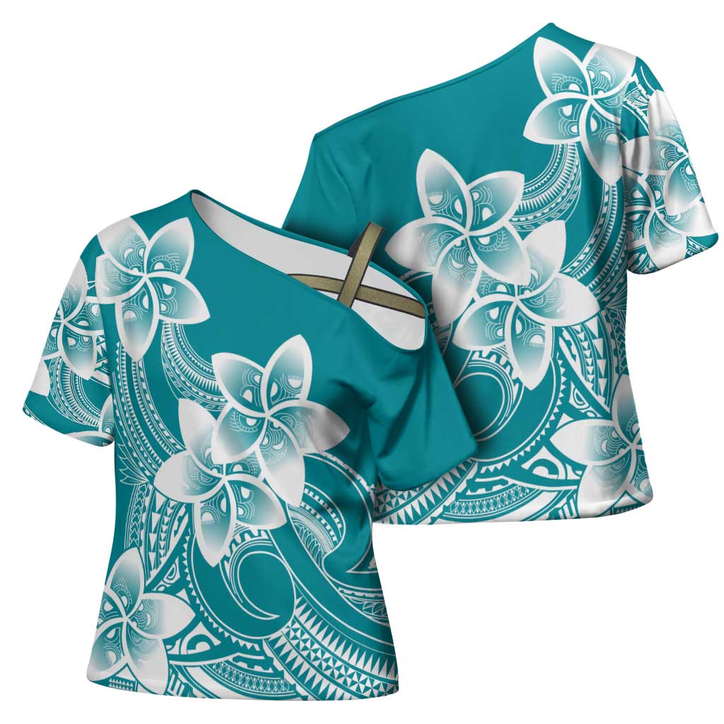 Polynesian Plumeria Flowers Tribal Cross Shoulder Shirt Pacific Tattoo Teal Style LT9 - Polynesian Pride