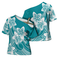 Polynesian Plumeria Flowers Tribal Cross Shoulder Shirt Pacific Tattoo Teal Style LT9 - Polynesian Pride