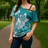 Polynesian Plumeria Flowers Tribal Cross Shoulder Shirt Pacific Tattoo Teal Style LT9 - Polynesian Pride