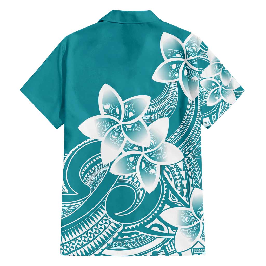 Polynesian Plumeria Flowers Tribal Family Matching Long Sleeve Bodycon Dress and Hawaiian Shirt Pacific Tattoo Teal Style - Polynesian Pride