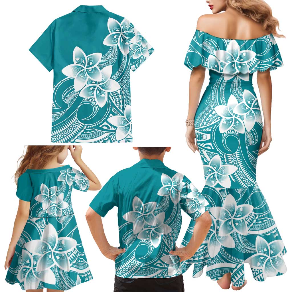 Polynesian Plumeria Flowers Tribal Family Matching Mermaid Dress and Hawaiian Shirt Pacific Tattoo Teal Style - Polynesian Pride