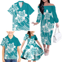Polynesian Plumeria Flowers Tribal Family Matching Off The Shoulder Long Sleeve Dress and Hawaiian Shirt Pacific Tattoo Teal Style - Polynesian Pride