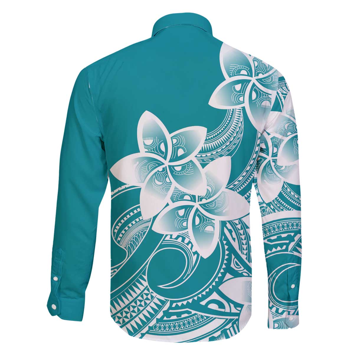 Polynesian Plumeria Flowers Tribal Family Matching Off The Shoulder Long Sleeve Dress and Hawaiian Shirt Pacific Tattoo Teal Style - Polynesian Pride