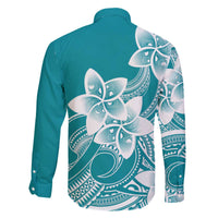 Polynesian Plumeria Flowers Tribal Family Matching Off The Shoulder Long Sleeve Dress and Hawaiian Shirt Pacific Tattoo Teal Style - Polynesian Pride
