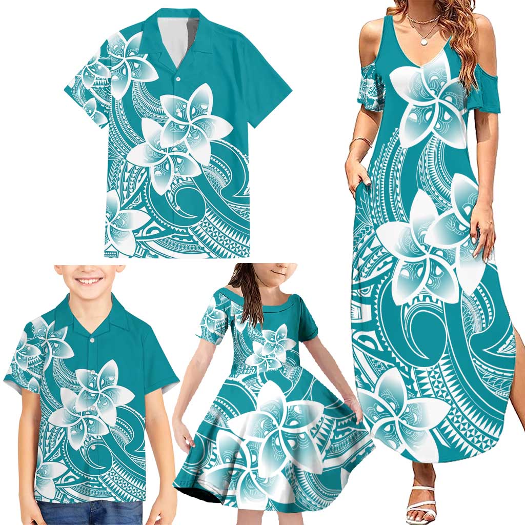 Polynesian Plumeria Flowers Tribal Family Matching Summer Maxi Dress and Hawaiian Shirt Pacific Tattoo Teal Style - Polynesian Pride