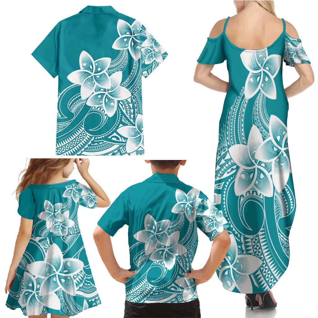 Polynesian Plumeria Flowers Tribal Family Matching Summer Maxi Dress and Hawaiian Shirt Pacific Tattoo Teal Style - Polynesian Pride