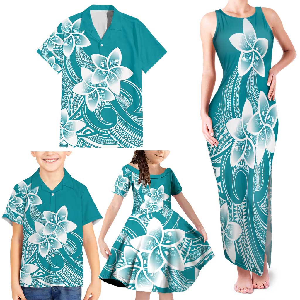 Polynesian Plumeria Flowers Tribal Family Matching Tank Maxi Dress and Hawaiian Shirt Pacific Tattoo Teal Style - Polynesian Pride