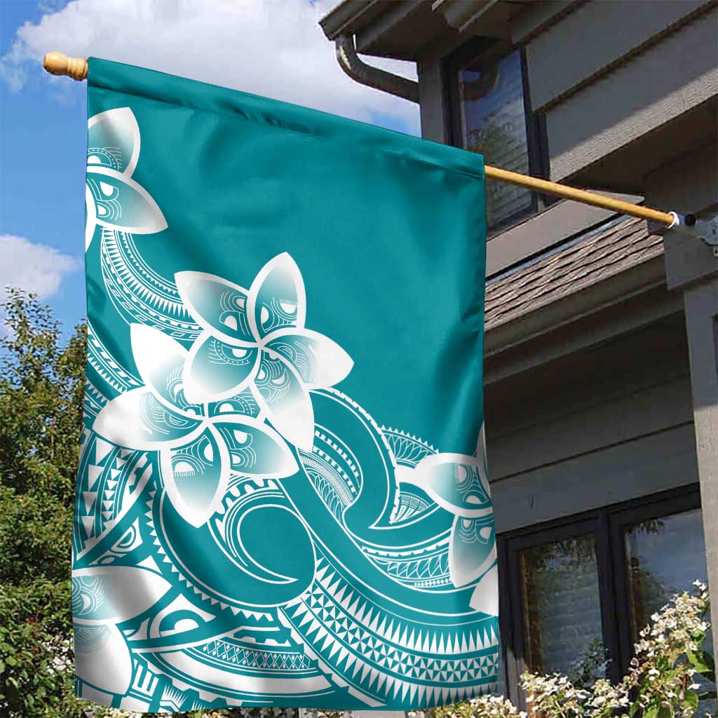 Polynesian Plumeria Flowers Tribal Garden Flag Pacific Tattoo Teal Style - Polynesian Pride
