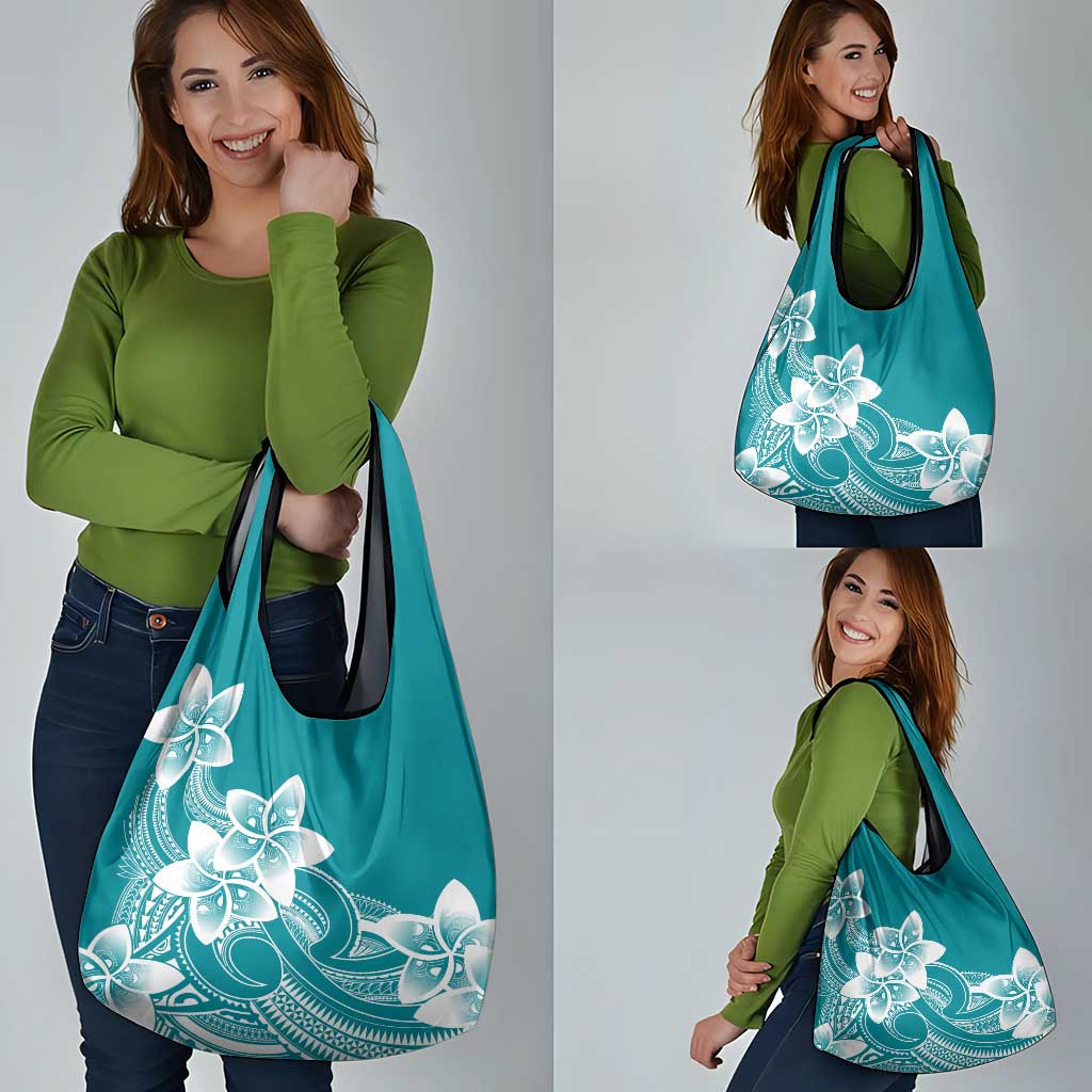 Polynesian Plumeria Flowers Tribal Grocery Bag Pacific Tattoo Teal Style - Polynesian Pride