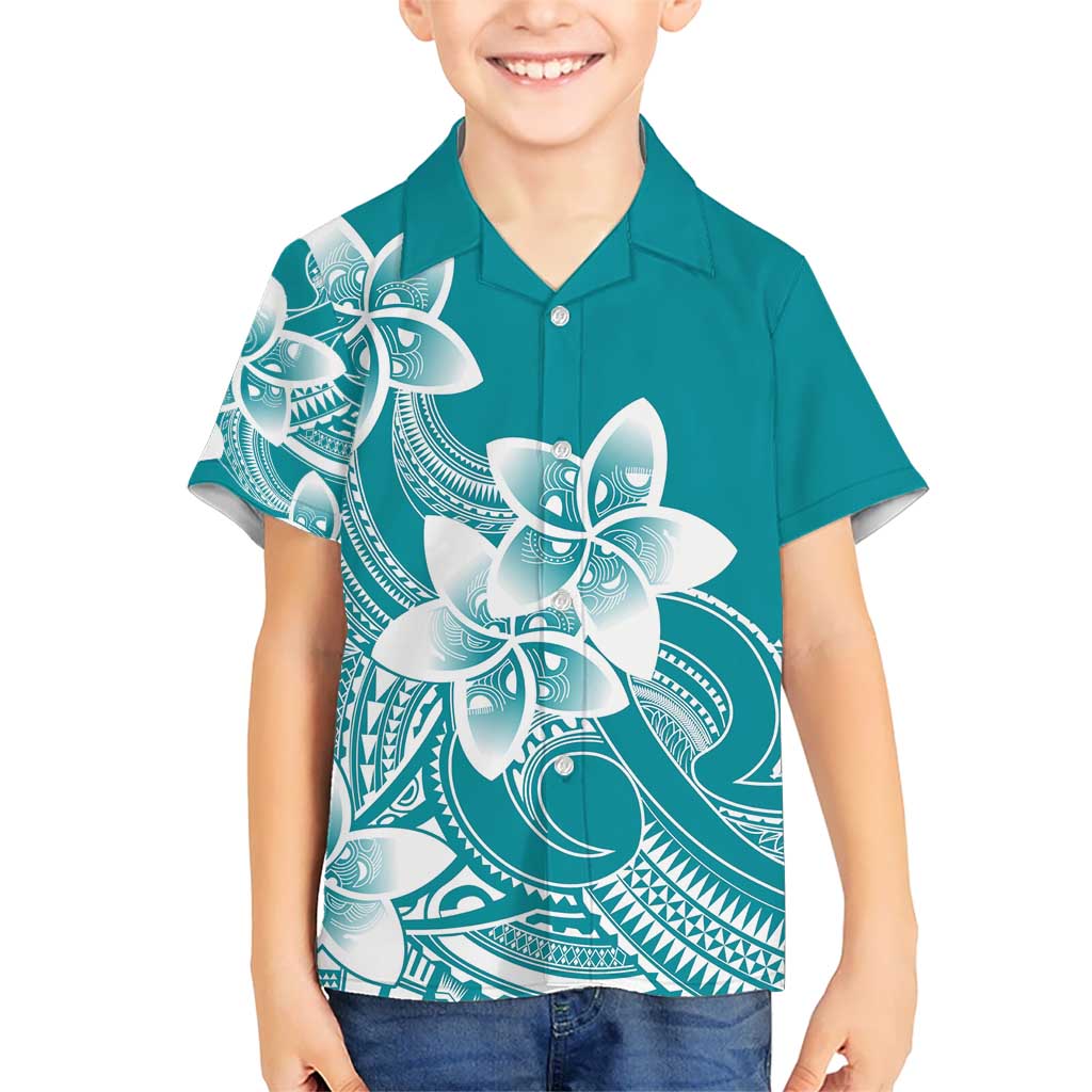 Polynesian Plumeria Flowers Tribal Kid Hawaiian Shirt Pacific Tattoo Teal Style - Polynesian Pride