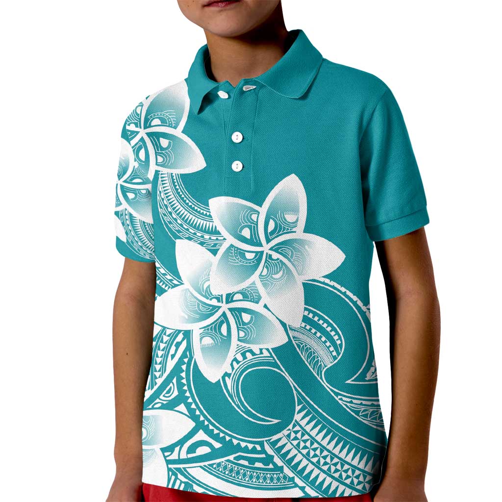 Polynesian Plumeria Flowers Tribal Kid Polo Shirt Pacific Tattoo Teal Style - Polynesian Pride
