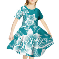 Polynesian Plumeria Flowers Tribal Kid Short Sleeve Dress Pacific Tattoo Teal Style - Polynesian Pride