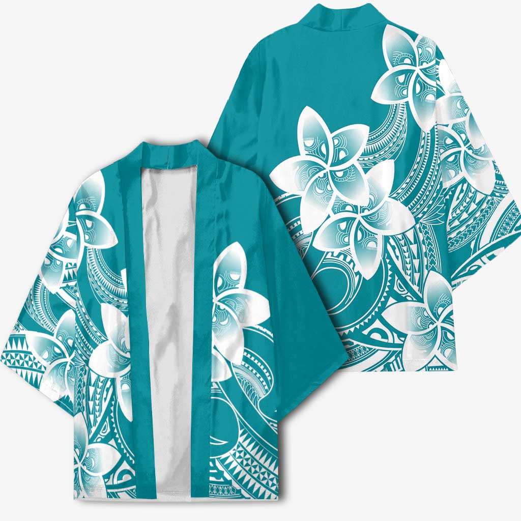 Polynesian Plumeria Flowers Tribal Kimono Pacific Tattoo Teal Style - Polynesian Pride