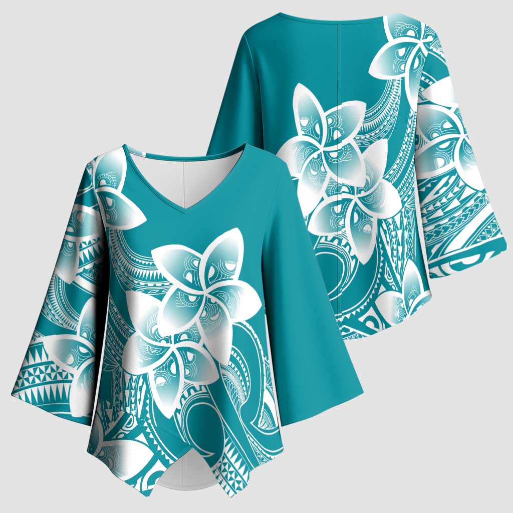 Polynesian Plumeria Flowers Tribal Kimono Sleeve Blouse Pacific Tattoo Teal Style LT9 - Polynesian Pride