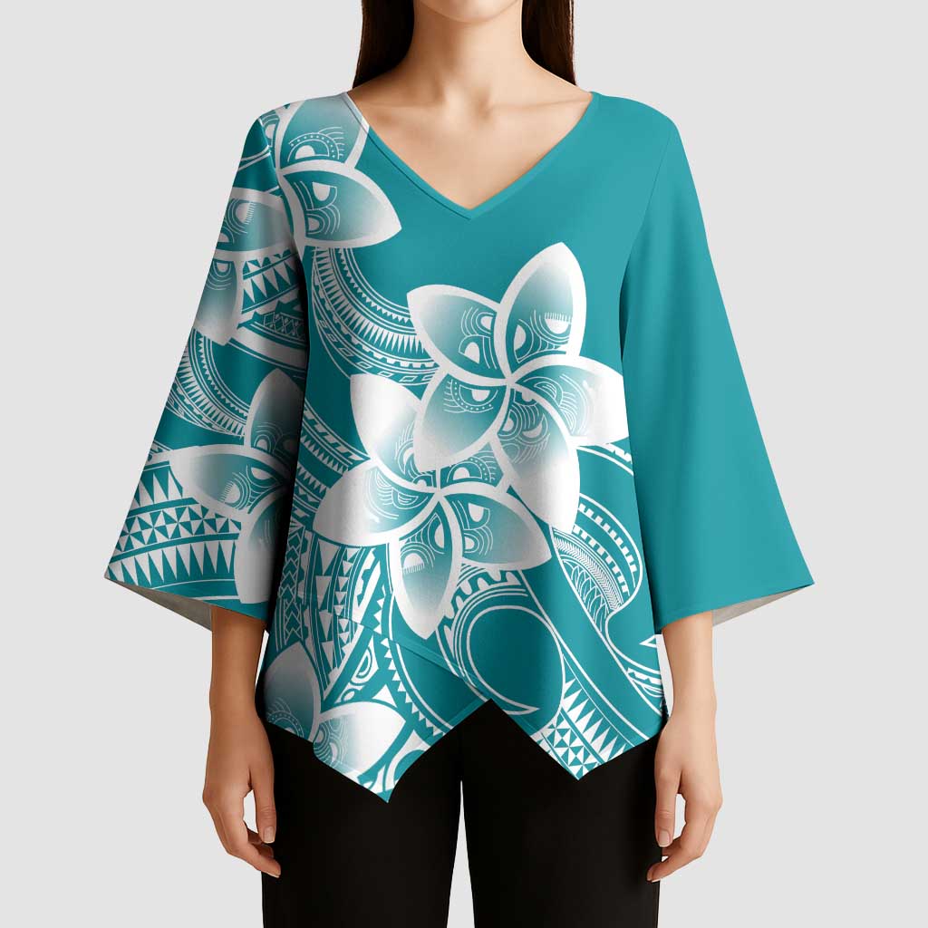 Polynesian Plumeria Flowers Tribal Kimono Sleeve Blouse Pacific Tattoo Teal Style LT9 - Polynesian Pride