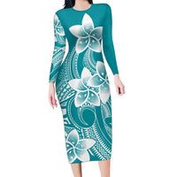 Polynesian Plumeria Flowers Tribal Long Sleeve Bodycon Dress Pacific Tattoo Teal Style - Polynesian Pride