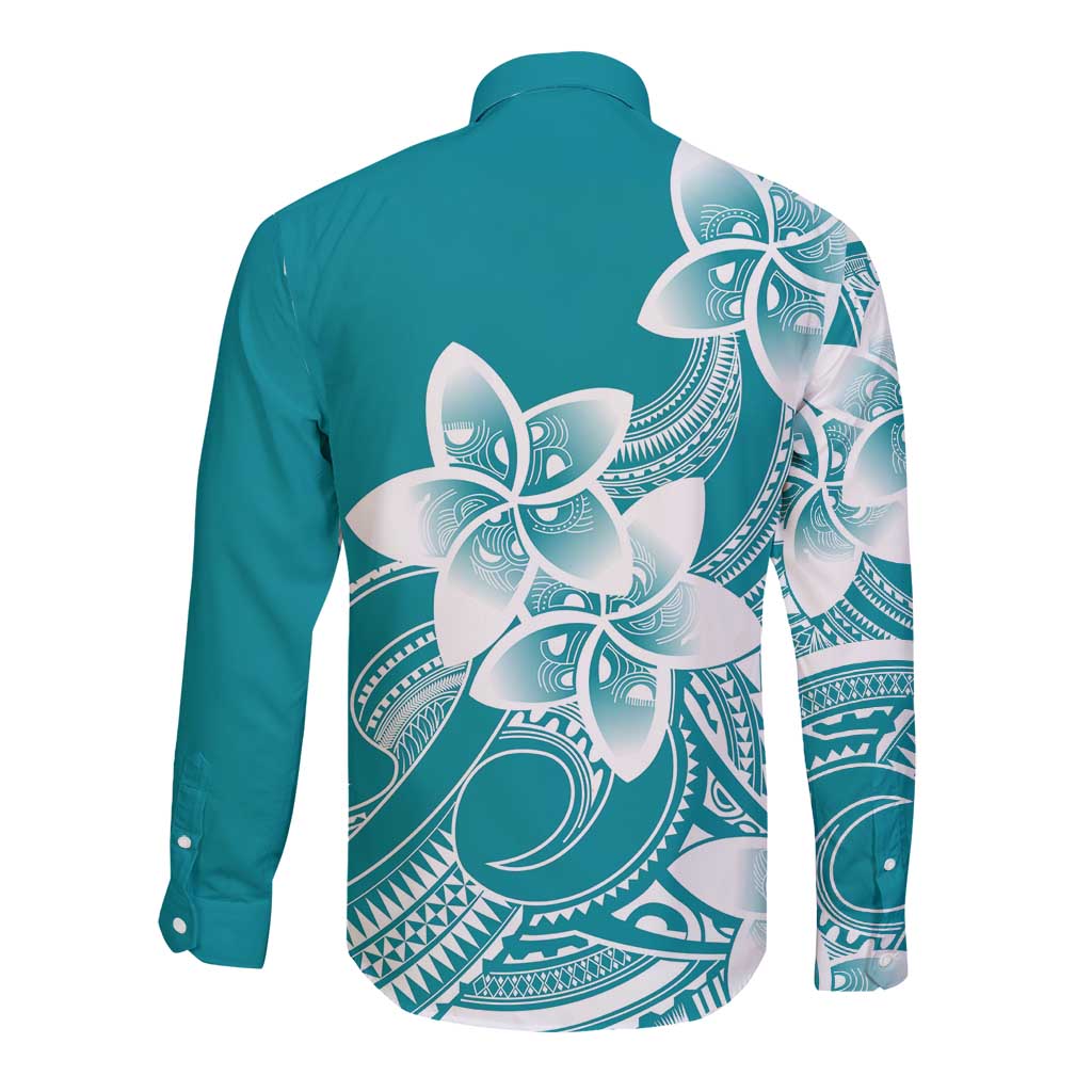 Polynesian Plumeria Flowers Tribal Long Sleeve Button Shirt Pacific Tattoo Teal Style LT9 - Polynesian Pride