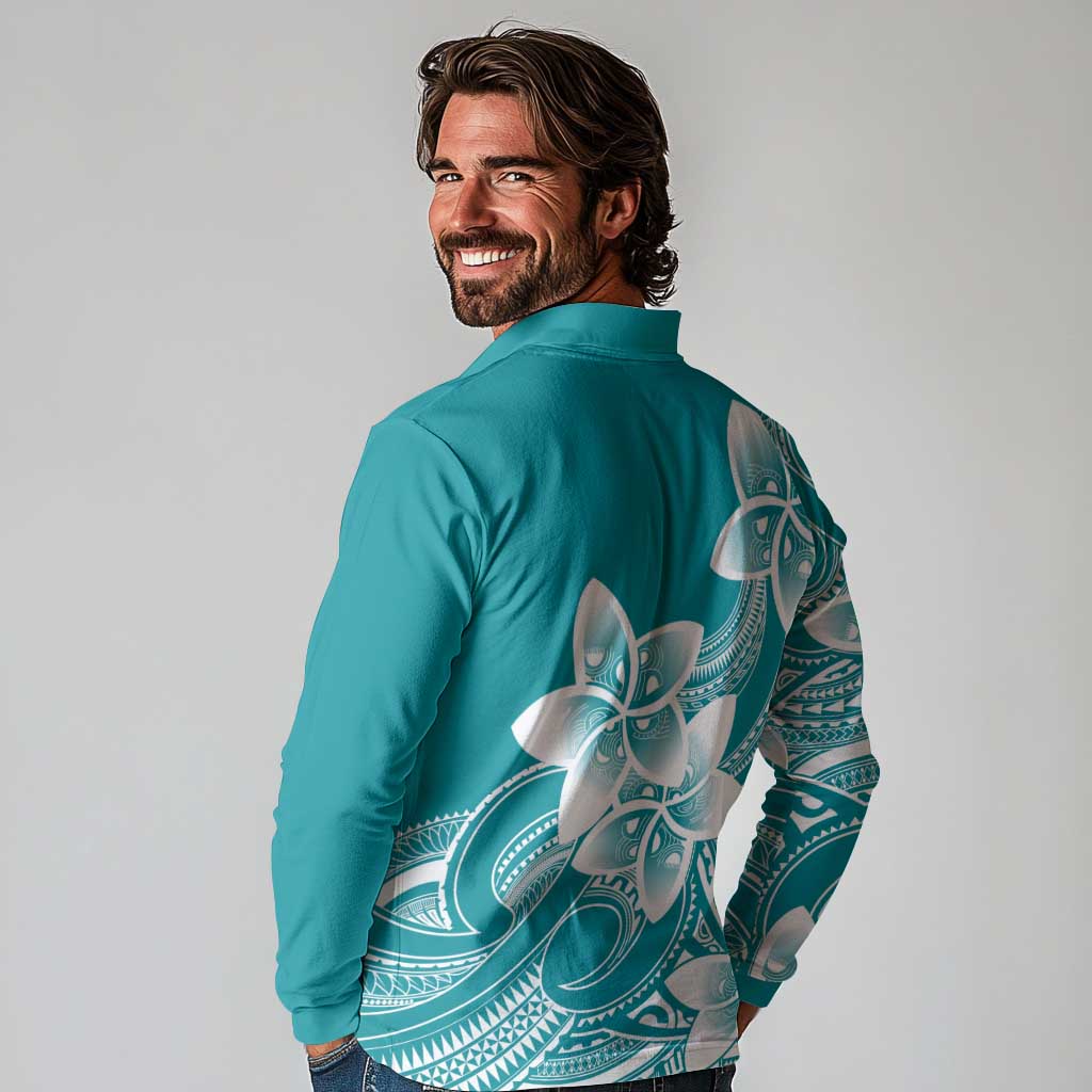 Polynesian Plumeria Flowers Tribal Long Sleeve Polo Shirt Pacific Tattoo Teal Style LT9 - Polynesian Pride