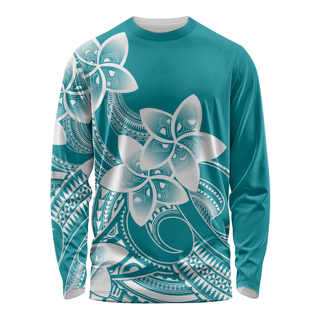 Polynesian Plumeria Flowers Tribal Long Sleeve Shirt Pacific Tattoo Teal Style LT9 Unisex Teal - Polynesian Pride