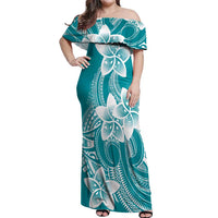 Polynesian Plumeria Flowers Tribal Off Shoulder Maxi Dress Pacific Tattoo Teal Style - Polynesian Pride