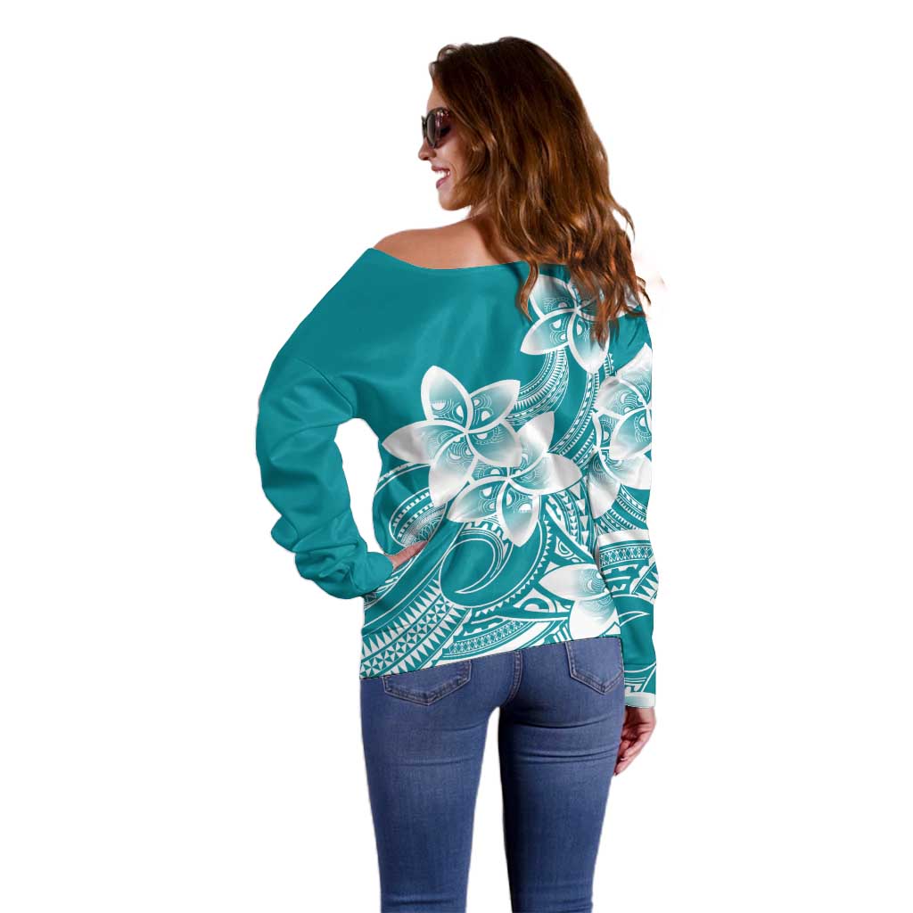 Polynesian Plumeria Flowers Tribal Off Shoulder Sweater Pacific Tattoo Teal Style - Polynesian Pride