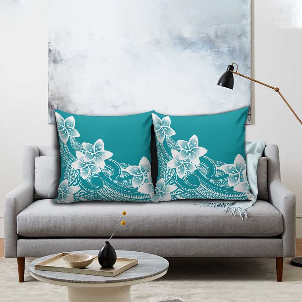 Polynesian Plumeria Flowers Tribal Pillow Cover Pacific Tattoo Teal Style - Polynesian Pride