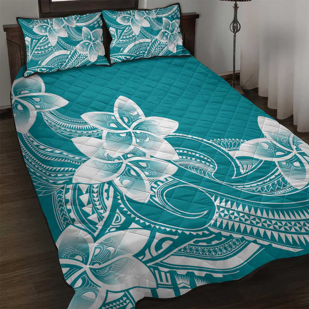 Polynesian Plumeria Flowers Tribal Quilt Bed Set Pacific Tattoo Teal Style - Polynesian Pride