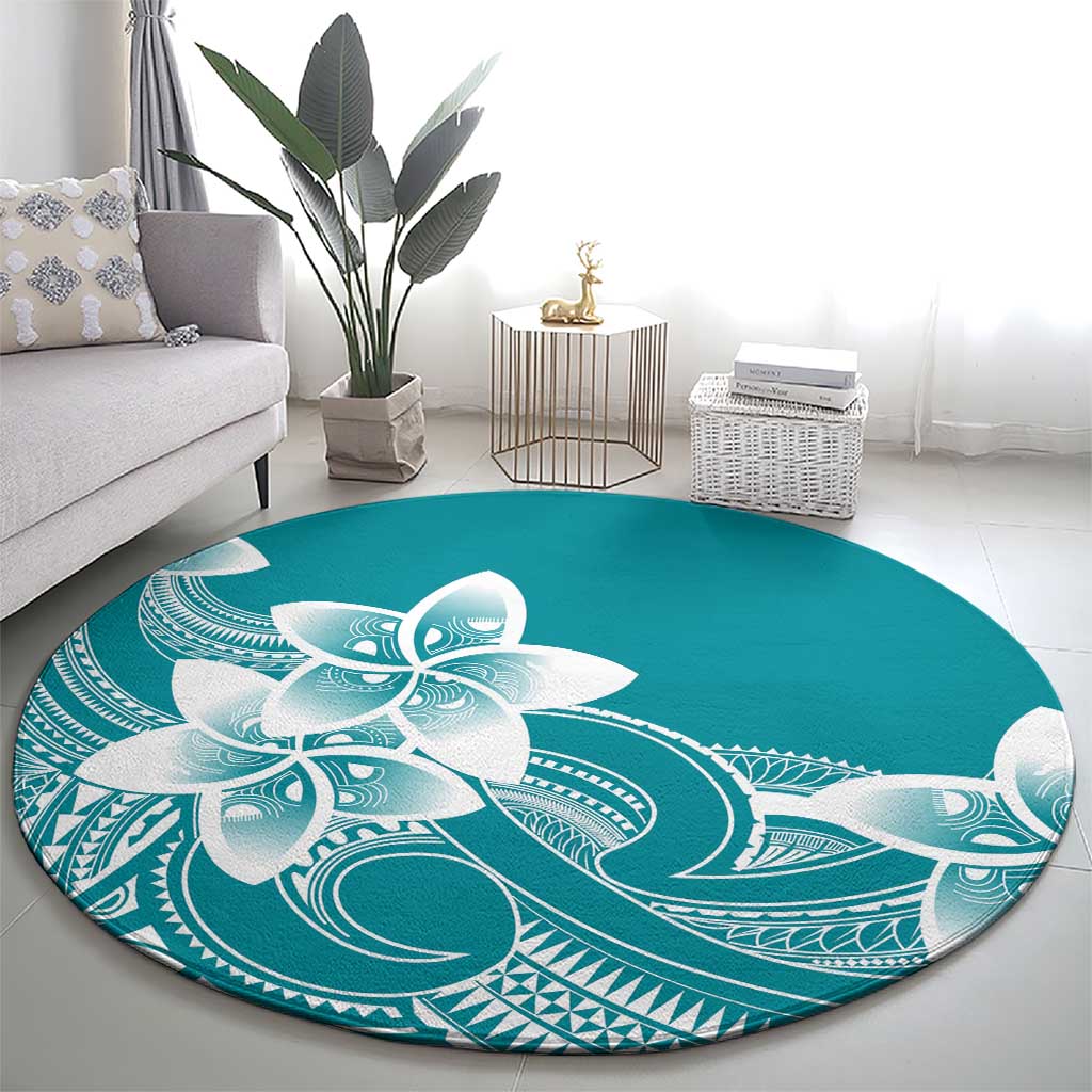 Polynesian Plumeria Flowers Tribal Round Carpet Pacific Tattoo Teal Style - Polynesian Pride