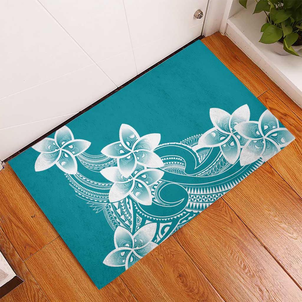 Polynesian Plumeria Flowers Tribal Rubber Doormat Pacific Tattoo Teal Style LT9 - Polynesian Pride
