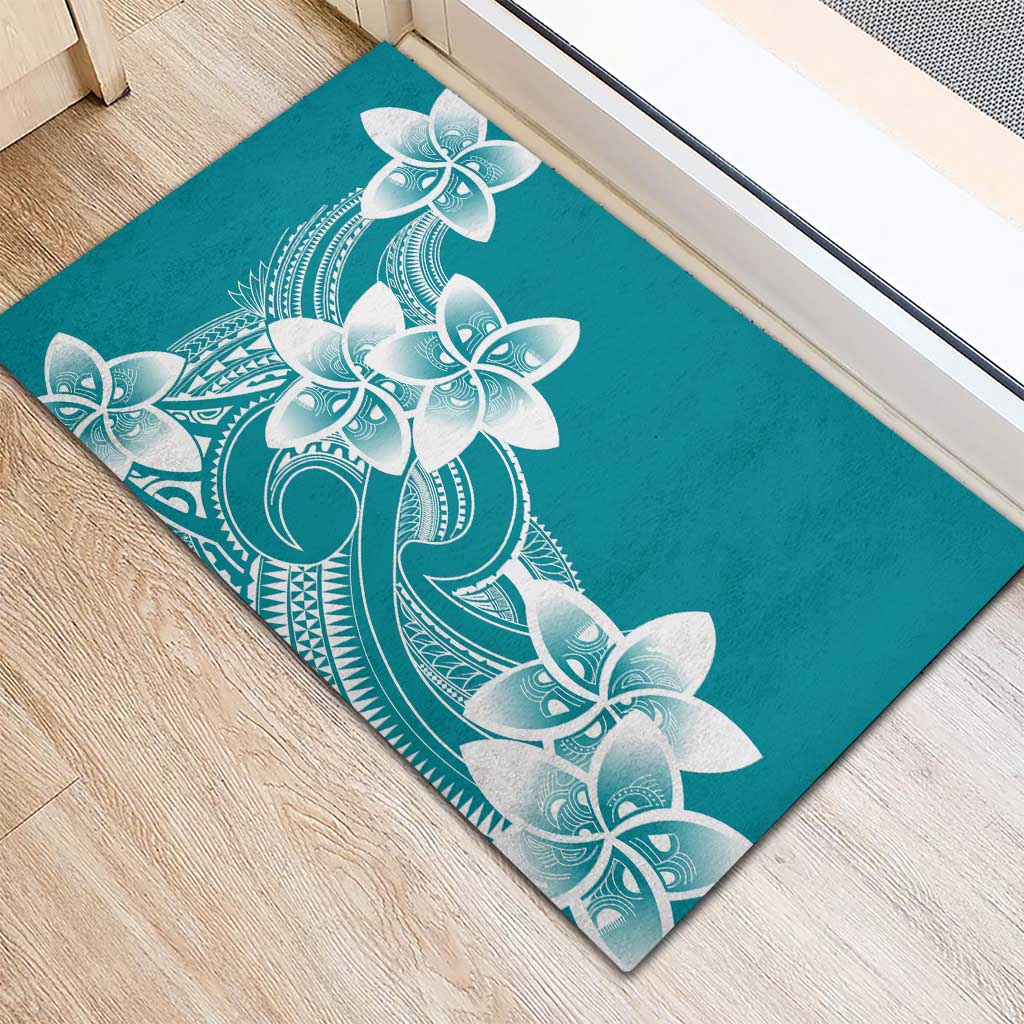 Polynesian Plumeria Flowers Tribal Rubber Doormat Pacific Tattoo Teal Style LT9 - Polynesian Pride