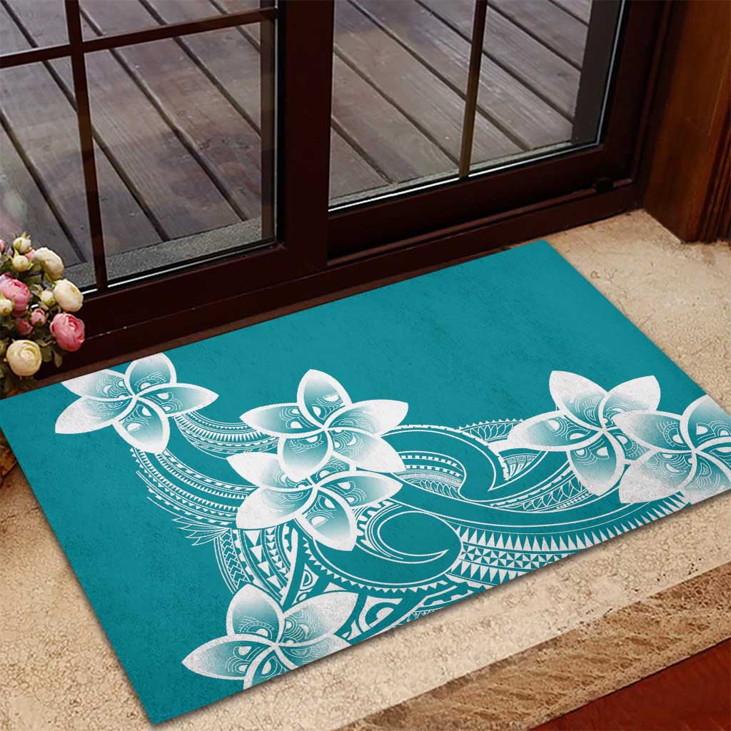 Polynesian Plumeria Flowers Tribal Rubber Doormat Pacific Tattoo Teal Style LT9 - Polynesian Pride