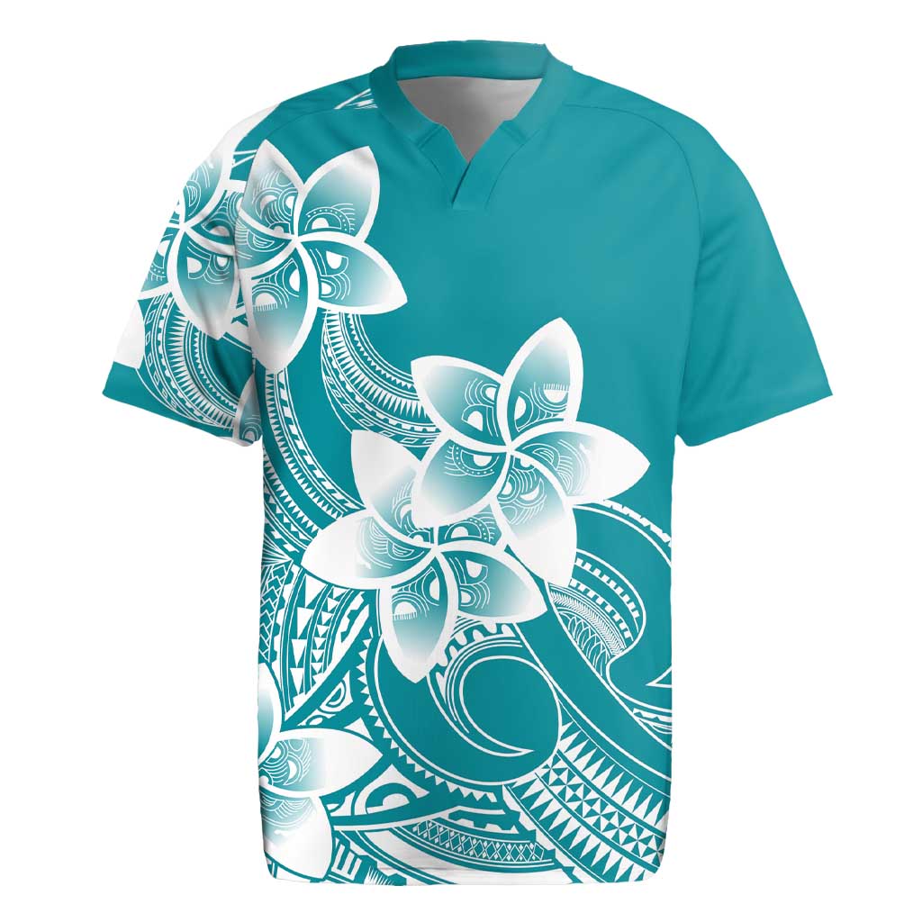 Polynesian Plumeria Flowers Tribal Rugby Jersey Pacific Tattoo Teal Style - Polynesian Pride